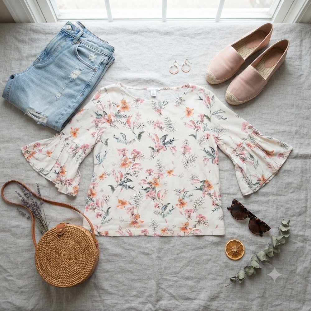 Tabitha Webb Floral Tiered Ruffle Bell Sleeve Blouse Cream Pink Orange Large
